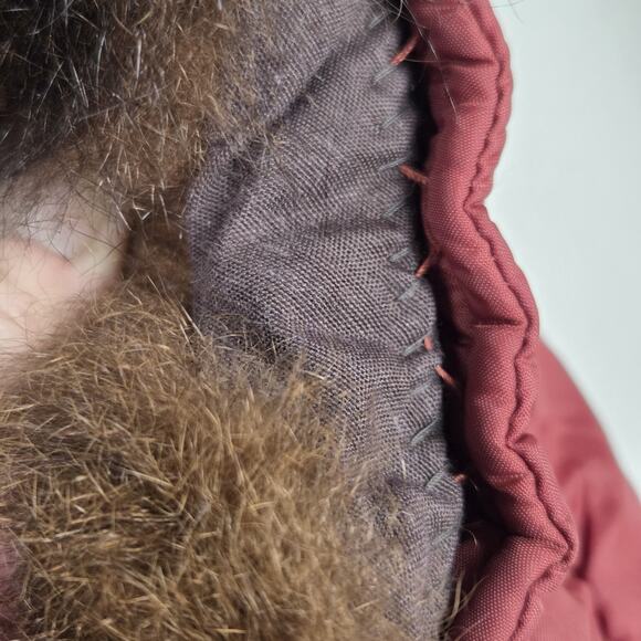 Vintage Quilted Jacket Womens Size 12 Real Fur Collar Long Rust Burnt Red Belted - Picture 9 of 11